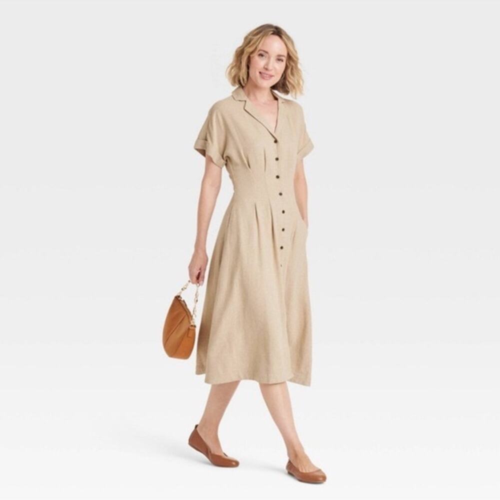 Universal Thread Linen Blend MIDI Shirt Dress Country tan Flax Size 22 NEW